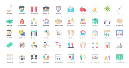 Fototapeta na wymiar Social Distancing Flat Icons Corona Medical Iconset in Color Style 50 Vector Icons