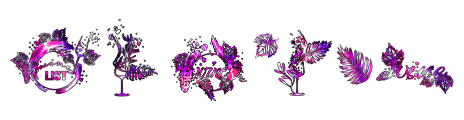 Colorful wine designs. Collection of wine elements. Hand drawn. Designs for advertising banners, menus and invitation cards. Wine glasses with splashing wine. Sketch vector illustration.
