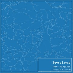 Blueprint US city map of Procious, West Virginia.