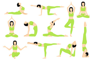 Set of slim sportive young woman doing yoga and fitness exercises. Healthy lifestyle. 21 June international yoga day