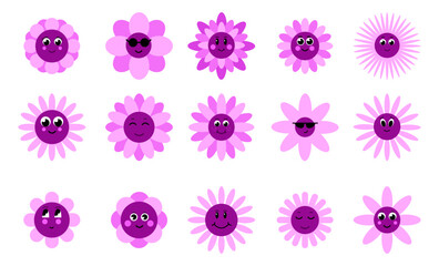 Flowers with cartoon funny smiling faces. Groovy flower cartoon characters. Funny happy daisy with eyes and smile. Kids logo design with daisies vector set.