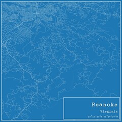 Blueprint US city map of Roanoke, Virginia.