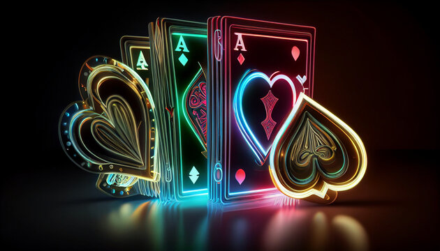 Poker Cards Casino Concept With Glowing Neon Lights On The Black Background - 3d illustration Ai generated image