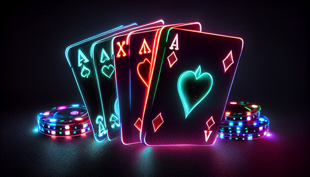 Poker Cards Casino Concept With Glowing Neon Lights On The Black Background - 3d illustration Ai generated image