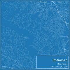 Blueprint US city map of Potomac, Maryland.