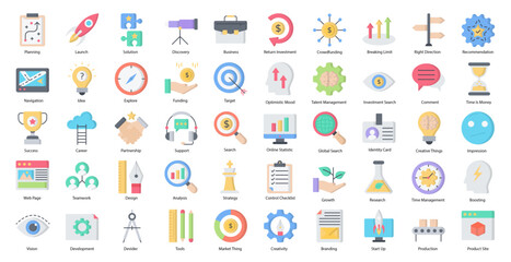 Startup Flat Icons Job Branding Work Icon Set in Color Style 50 Vector Icons 
