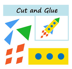 Educational paper game for kids. Cut parts of the image and glue on the paper. DIY worksheet. Rocket from geometric shapes.