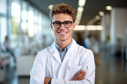 Portrait of smiling young male doctor standing with arms crossed in hospital
