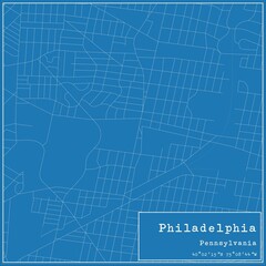 Blueprint US city map of Philadelphia, Pennsylvania.