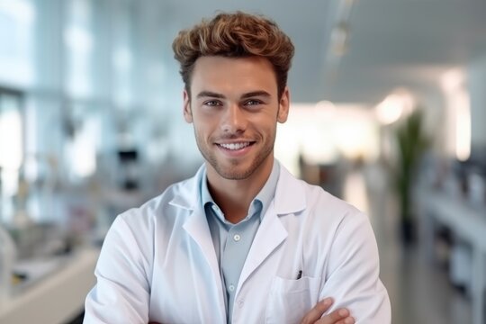 Portrait Of Smiling Young Male Doctor Standing With Arms Crossed In Clinic