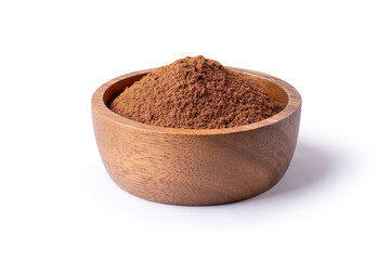 Cocoa powder in wooden bowl  isolated on white background with clipping path.