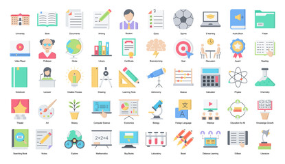 University Flat Icons Education Student Iconset in Color Style 50 Vector Icons