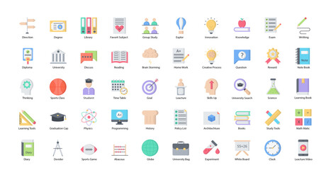 University Flat Icons Student Education Icon Set in Color Style 50 Vector Icons 