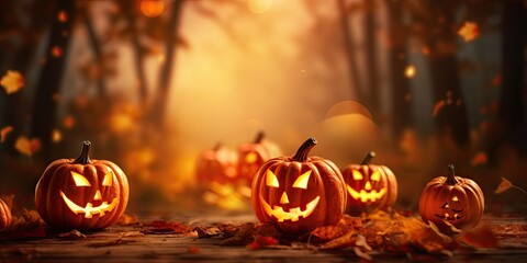 Scary pumpkin faces in the night. Spooky Halloween smiling Jack-o-Lanterns on a dark background