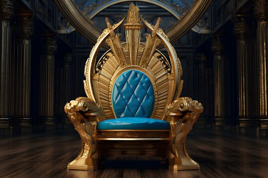blue throne with golden elements behind it