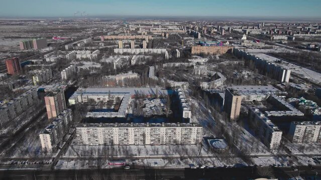 Atrial view. Panorama of the Russian industrial city in winter. City of Tolyatti, Samara region in a bright winter day. Season