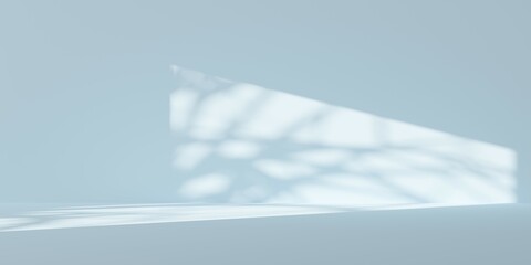 Empty, blank pastel blue room background with tree and window shadow, product or design placement template