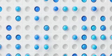 Blue spheres in white grid background, abstract business or data concept, flat lay top view from above
