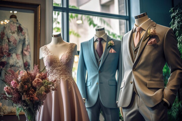Elegance dress and suit. Boutique interior design, super photo realistic background. Generative ai illustration