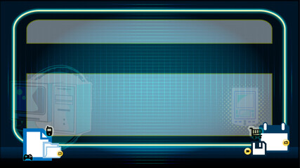 Cyber neon fluorescent window-display with glowing decorative grid frame.