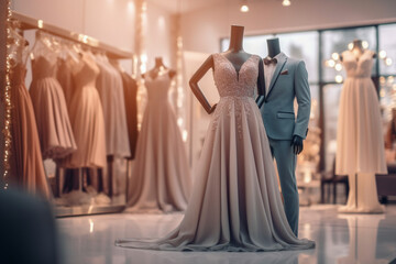 Elegance dress and suit. Boutique interior design, super photo realistic background. Generative ai illustration