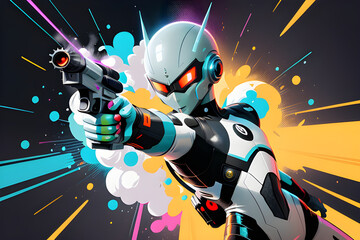 Portrait of a robot pointing a gun. Generative AI