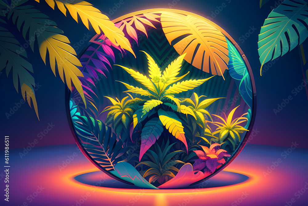 Sticker Isolated round background with cannabis leaves. Generative AI