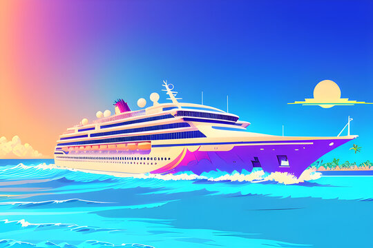 Cruise ship in the ocean, cartoon illustration. Generative AI