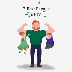 a father holds his children on his shoulders. The inscription of the best dad. Strong adult, safety for the child. Happy childhood, family, family values, birthday, father's day. father, son, daughter