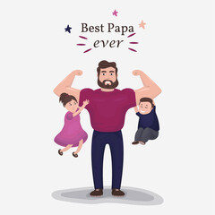 a father holds his children on his shoulders. The inscription of the best dad. Strong adult, safety for the child. Happy childhood, family, family values, birthday, father's day. father, son, daughter