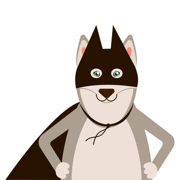 A husky dog in a batman costume. Superhero. Pets. Costume party. Party. Suit, mask and cloak. Cartoon style. Holiday card. Vector illustration. Birthday. halloween Celebration. Fun. White background