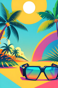 Sunglasses on tropical retro background. Generative AI