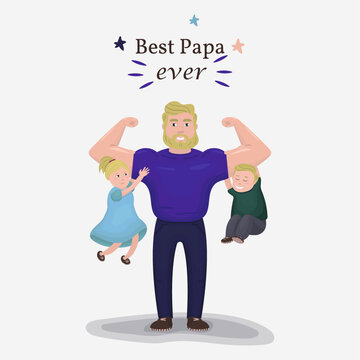 a father holds his children on his shoulders. The inscription of the best dad. Strong adult, safety for the child. Happy childhood, family, family values, birthday, father's day. father, son, daughter
