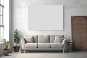 mockup blank white canvas on the wall, in the living room
