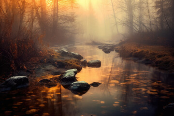 The water trough in the morning forest covered with fog and orange light, AI generated