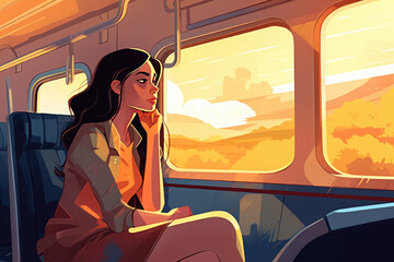 Traveling by train at sunset, illustration generated by AI technology