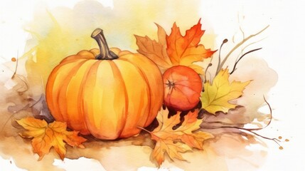 Naklejka na ściany i meble Autumn Greeting Card with Watercolor Pumpkin, Leaves, and Apple. Generative AI