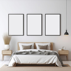 Fototapeta na wymiar mockup of a set of 3 white blank canvas on bed room 