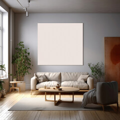mockup blank white canvas on the wall, in the living room