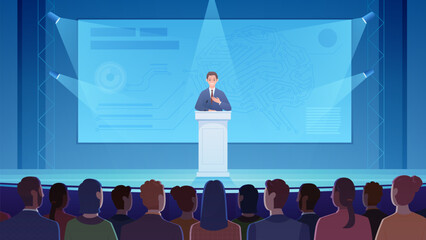Public speech of scientist at science conference or symposium vector illustration. Cartoon confident speaker standing at podium on stage to explain to audience scientific presentation on screen
