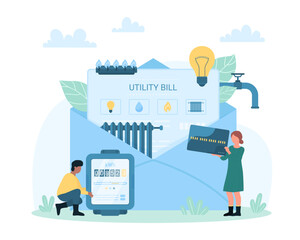 Payment for utilities vector illustration. Cartoon tiny people hold electric meter and credit card to pay for recurring consumption of electricity, gas and water, paper utility bill in mail envelope