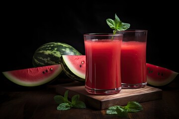 Fresh red watermelon juice with mint. Generative AI