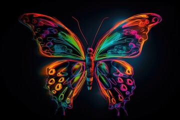 Obraz na płótnie Canvas Illustration of a beautiful neon butterfly on a black background. Generative AI