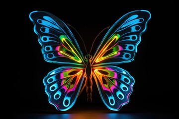 Obraz na płótnie Canvas Neon colorful butterfly on a black background. Generative AI