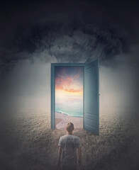 Teleportation door to your hidden dreams. A person in a dark land in front of a doorway as portal...