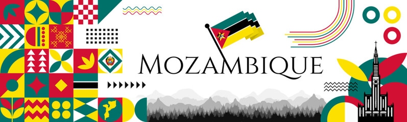 The Mozambique National Day abstract banner design with flag and map. Flag color theme geometric pattern retro modern Illustration design. Green, yellow and red color template.