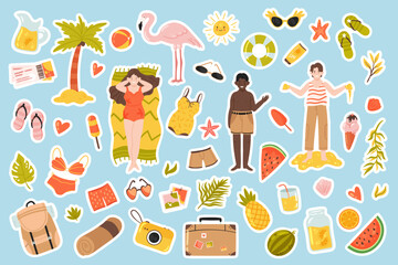 Summer holidays stickers set vector illustration. Cartoon isolated cute tropical travel beach collection with sunbathing characters, drink and exotic fruit, fashion sunglasses and swimsuit, starfish