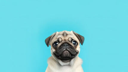 Cute puppy Pug portrait. A happy smiling puppy on a blue background with copy space. Generative Ai.