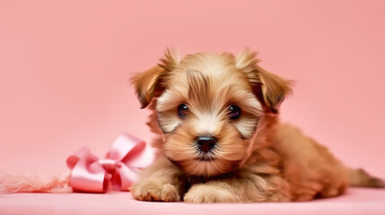 Cute fluffy Goldust Yorkshire Terrier puppy with bow on pink background. Generative Ai.