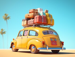 A car filled with baggage ready for a summer road trip. Concept of travel, vacation, and fun. Generative AI